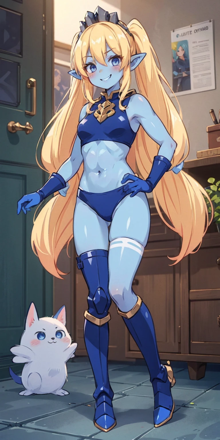 full body, def_effie, blue breastplate, blue skin, looking at viewer, shiny,armor, thighhighs, high boots,shoulder armor, faulds, poleyn, gloves, gauntlets, Rerebrace armored boots, pauldrons,(masterpiece, best quality, ultra-detailed, best shadow) yordle (1girl)( blue skin:1.2) pointy ears muscular lean platinum blonde long twin-tails hairstyle at the office lustful smirking smile face red blushed, blush, strong abs, female body builder, tiara, twin drills hair
