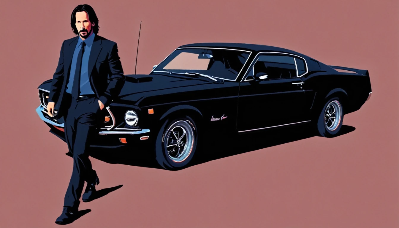 Vector art, vectorized, keanu reeves as John Wick, He walks with a gun in his hand, a car (a 1969 black FORD MUSTANG BOSS 429) with the driver's door open is visible behind him, Vector art,, minimalized, toned colors,