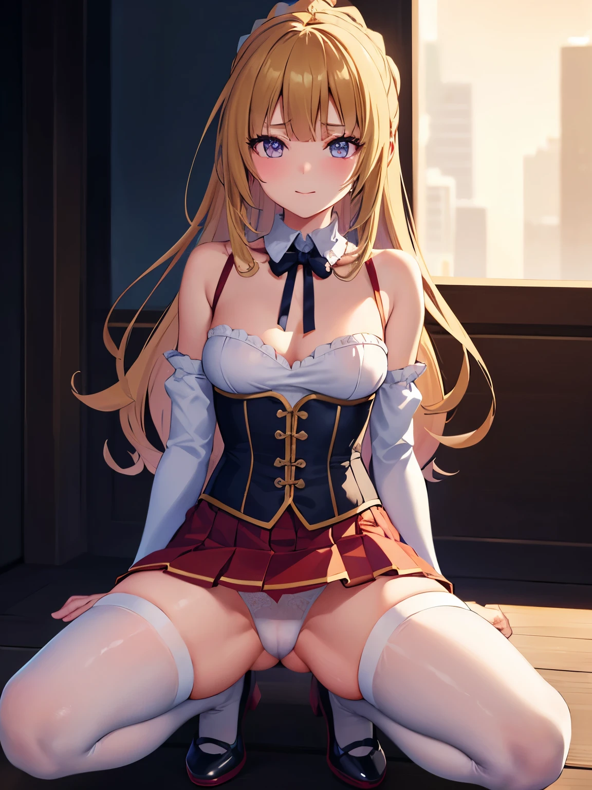 anime - style image of a woman in a white bra top and panties, seductive anime girl, marin kitagawa fanart, makoto shinka, rin, small curvy , anime best girl, sexy pose, smooth anime cg art, asuka suit under clothes!, cushart krenz key art feminine, ayaka genshin impact, zerochan art, white panties,cameltoe,full body,white pantyhose,squatting,pantyshot,å©•ä¸,1girl,star earrings,solo, blonde hair,braid,medium hair,bangs,bright pupils,brown eyes,hair between eyes,white pupils, kei karuizawa
metal collar,neck ribbon,white shirt,black ribbon,center frills,corset dress,blue dress,long sleeves,frilled skirt,medium breasts,collarbone,smile, blush,
mary janes,outdoors,grass,wind,wind lift,falling leaves,, Exquisite visuals, high-definition,masterpiece,best quality,, ,Young female,Beautiful Fingers,Beautiful long legs,Beautiful body,Beautiful Nose,Beautiful character design, perfect eyes, perfect face,expressive eyes,
official art,extremely detailed CG unity 8k wallpaper, perfect lighting,Colorful, Bright_Front_face_Lighting,shiny skin,
(masterpiece:1.0),(best_quality:1.0), ultra high res,4K,ultra-detailed, (One lady)、(masterpiece)、(best qualtiy)、(ultra-detailliert)、(a high chroma)、(CG Illustration)、((Full Angle))、Female, 16 yicate beautiful face、(red blush)、(Wavy long hair、Dark blonde hair)、(dishevled hair)、((Shoulder top))、See-through clothes:1.3、((Black stockings))、(Pink Lace Panties)、(Dark blue pleated skirt)、(teats)、breasts of medium size,、((turned around))、(Woman sitting on the floor)、The best lighting、simple background
photography, 8K, HDR, highres, absurdres:1.2, Kodak portra 400, film grain, blurry background, bokeh:1.2, lens flare, (vibrant_color:1.2), (beautiful_face:1.5),(narrow_waist), ,NSFW,