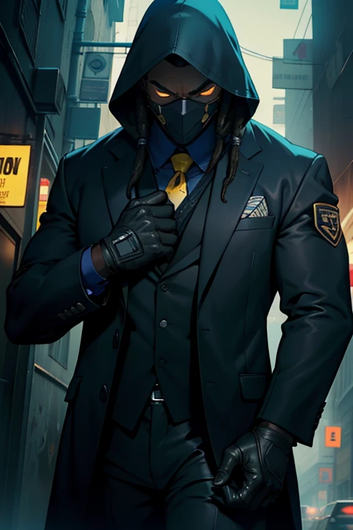 Predator dressed in Armani Suit with Revealing Silver dreadlocks holding a legal briefcase, high resolution, 1male person, Intense gaze, Concealed weapon, Concealed face, imposing figure, Stealthy movements, , Hyperrealistic, Sculpted physique, Worn suit coat, Hidden microphone, Gloved hands, Serious expression, Dressed in a beige and blue suit with yellow tie, Monitoring surroundings, Focused on mission.