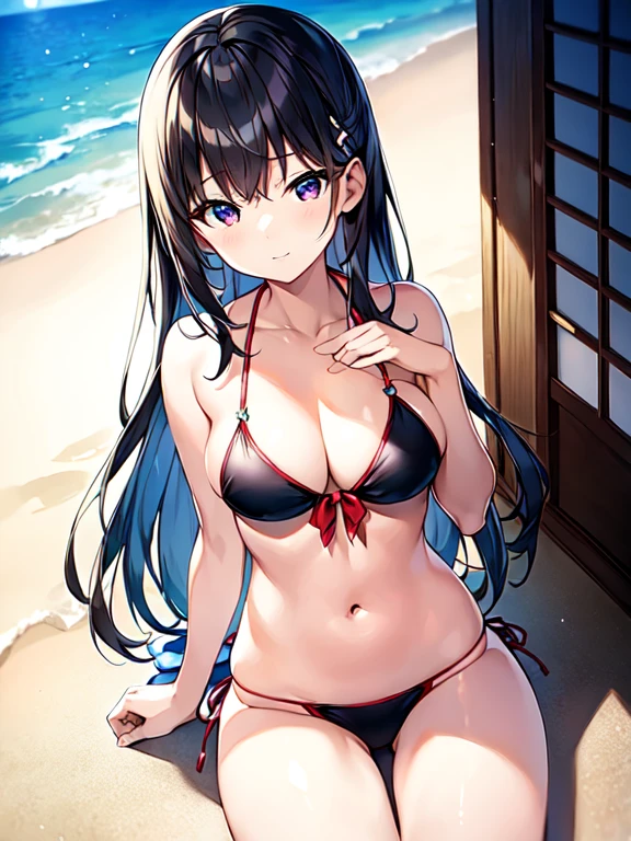 masterpiece , best quality , ultra detailed , beautiful Japan tiny bikini girl , breast:1.2 , only bikini , summer , long black hair , in beach , pov