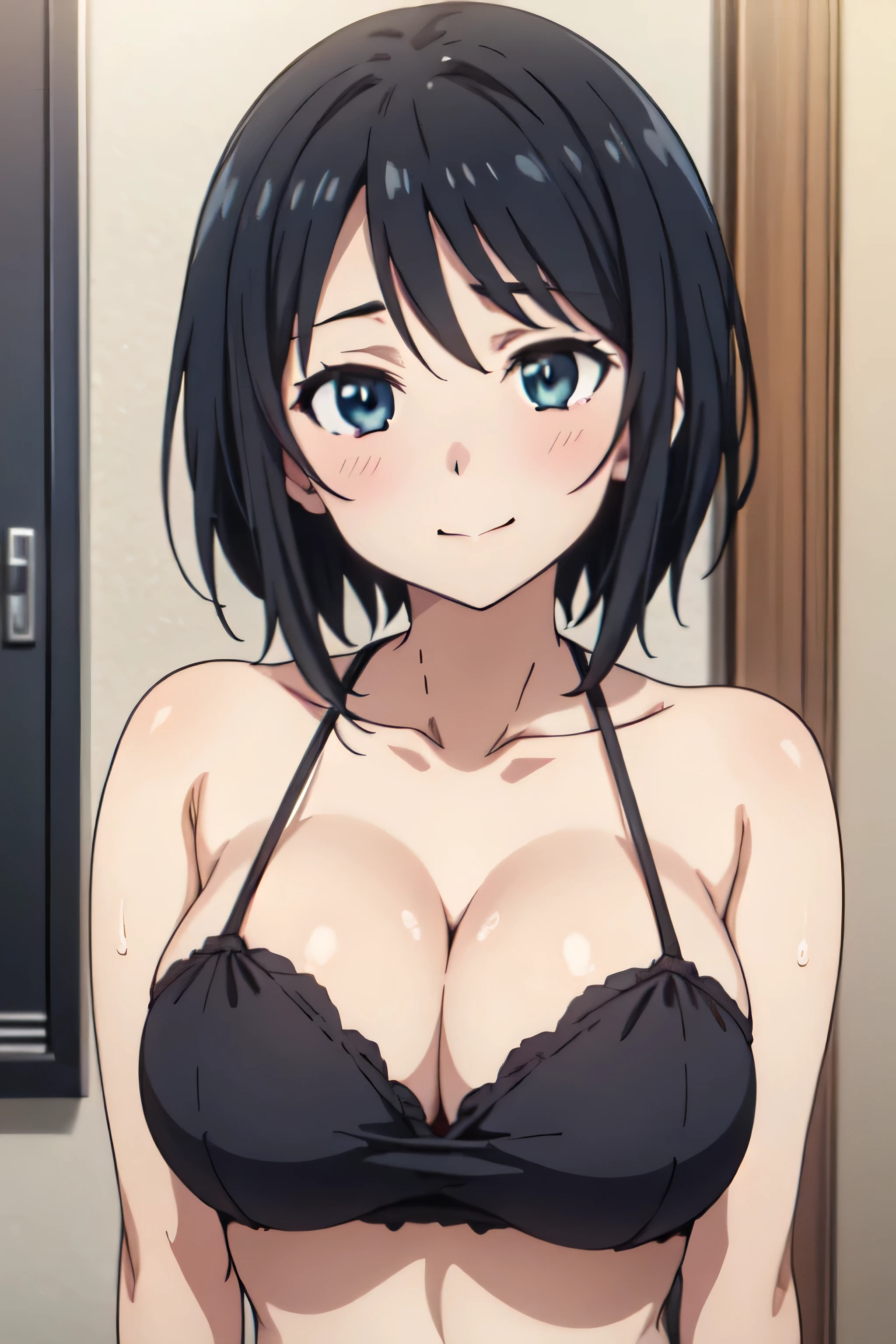 (((masterpiece))),fuyumi itadori, Anime girl characters, 1girl, solo, looking at viewer, medium hair,black hair,blue aqua eyes, cleavage, closed mouth, collarbone,Naked, tall girl, horny, big ass, beautiful face,Charming, anime visual of a cute girl, screenshot from the anime film, & her expression is solemn, ahegao face, in the anime film, in an anime, anime visual of a young woman, she has a cute expressive face, still from anime, perfect breasts, she is tall, All bodies visible, ahegao face, the face is ahegao, she is horny, A perverted face, she so perverted, she smile so perverted, hd picture, 4k quality, details of the face is so good,bigger breasts