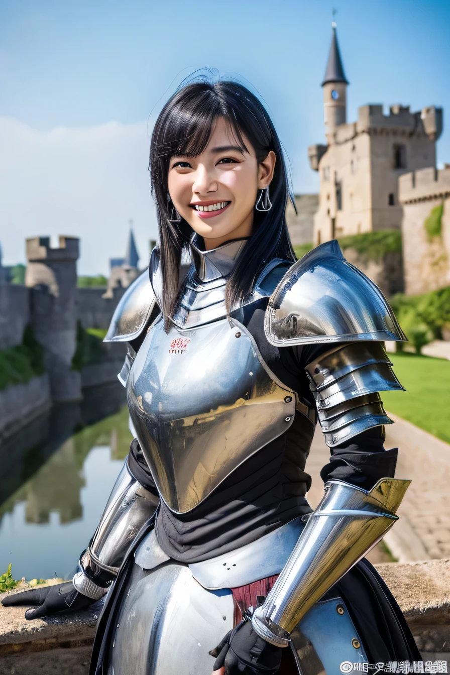 8K、highest quality、female knight、The background is a castle、Luxurious Silver Armor、heavy equipment、black hair、hairstyle shortcut、smile、beautiful teeth、full body photo、ear piercing