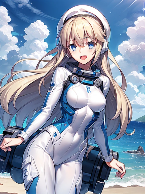 1 girl, alone, chest, looking at the viewer, blush, smile, long hair, bangs, large chest, blonde long hair, long sleeve, blue eyes, headphone,beret,:d, body suit, b space, white body suit, blue sky,Ocean,summer,Wind:1.3,, space suit break