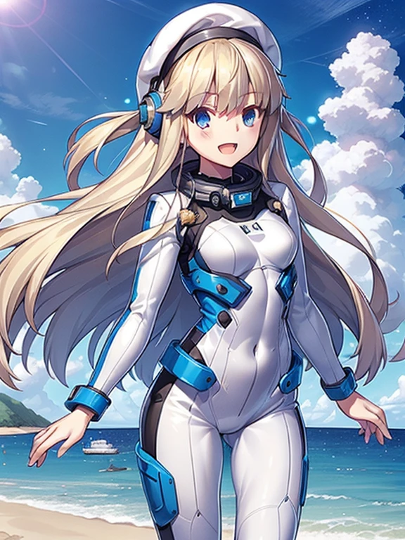 1 girl, alone, chest, looking at the viewer, blush, smile, long hair, bangs, large chest, blonde long hair, long sleeve, blue eyes, headphone,beret,:d, body suit, b space, white body suit, blue sky,Ocean,summer,Wind:1.3,, space suit break 