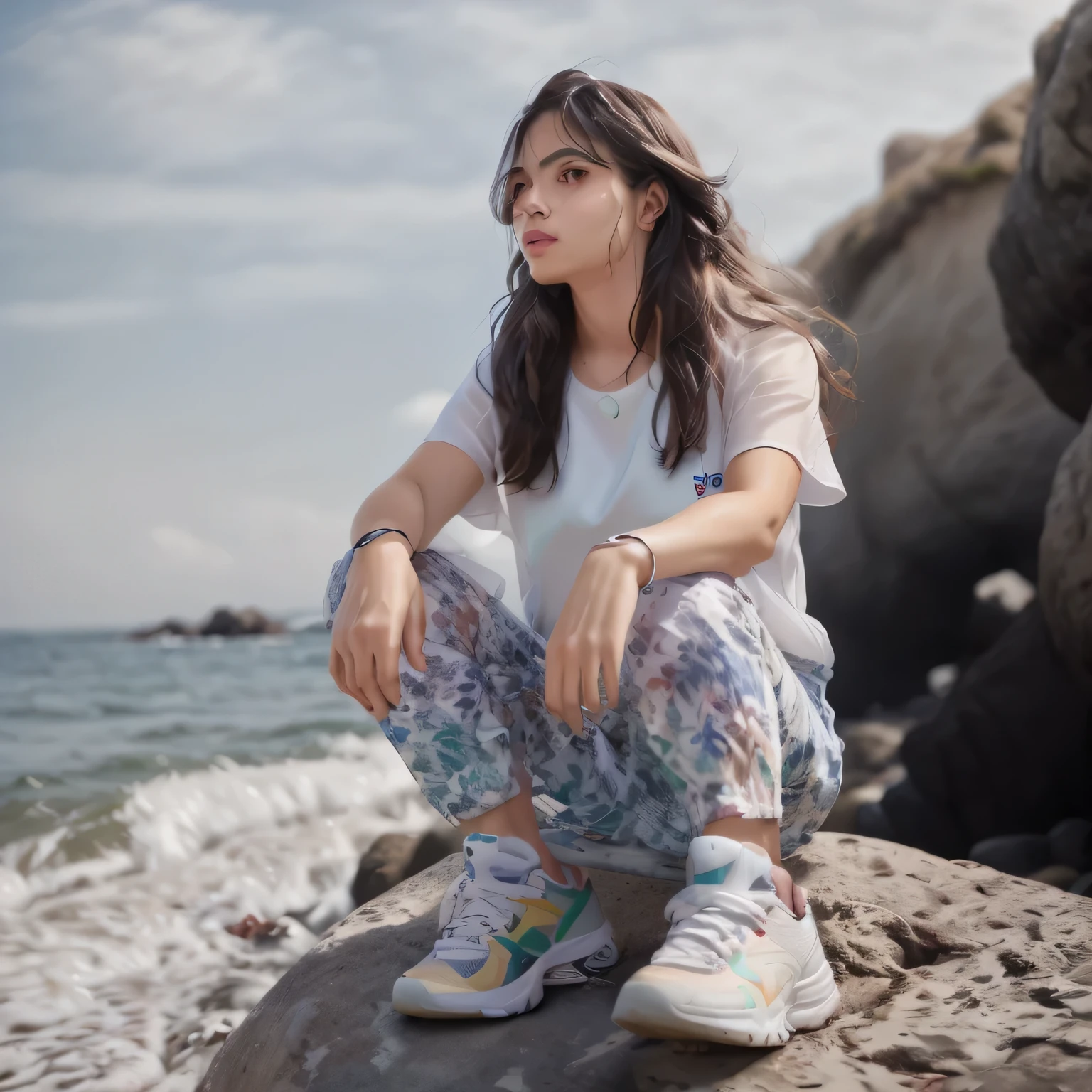 (comercial de tenis Ecowave) mulher arafa sentada em uma pedra perto do oceano, blogueira de streetwear feminino, wearing white sneakers, tennis photo, posando em uma praia com o oceano, sentado nas pedras, parado ao lado do oceano, Pose elegante, vestido casualmente, flowing hair standing on a rock, por Matija Jama, just focus on tennis, standing near the beach, Mulher em roupa de rua