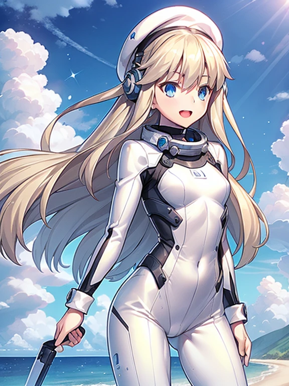 1 girl, alone, chest, looking at the viewer, blush, smile, long hair, bangs, large chest, blonde long hair, long sleeve, blue eyes, headphone,beret,:d, body suit, b space, white body suit, blue sky,Ocean,summer,Wind:1.3,, space suit break 