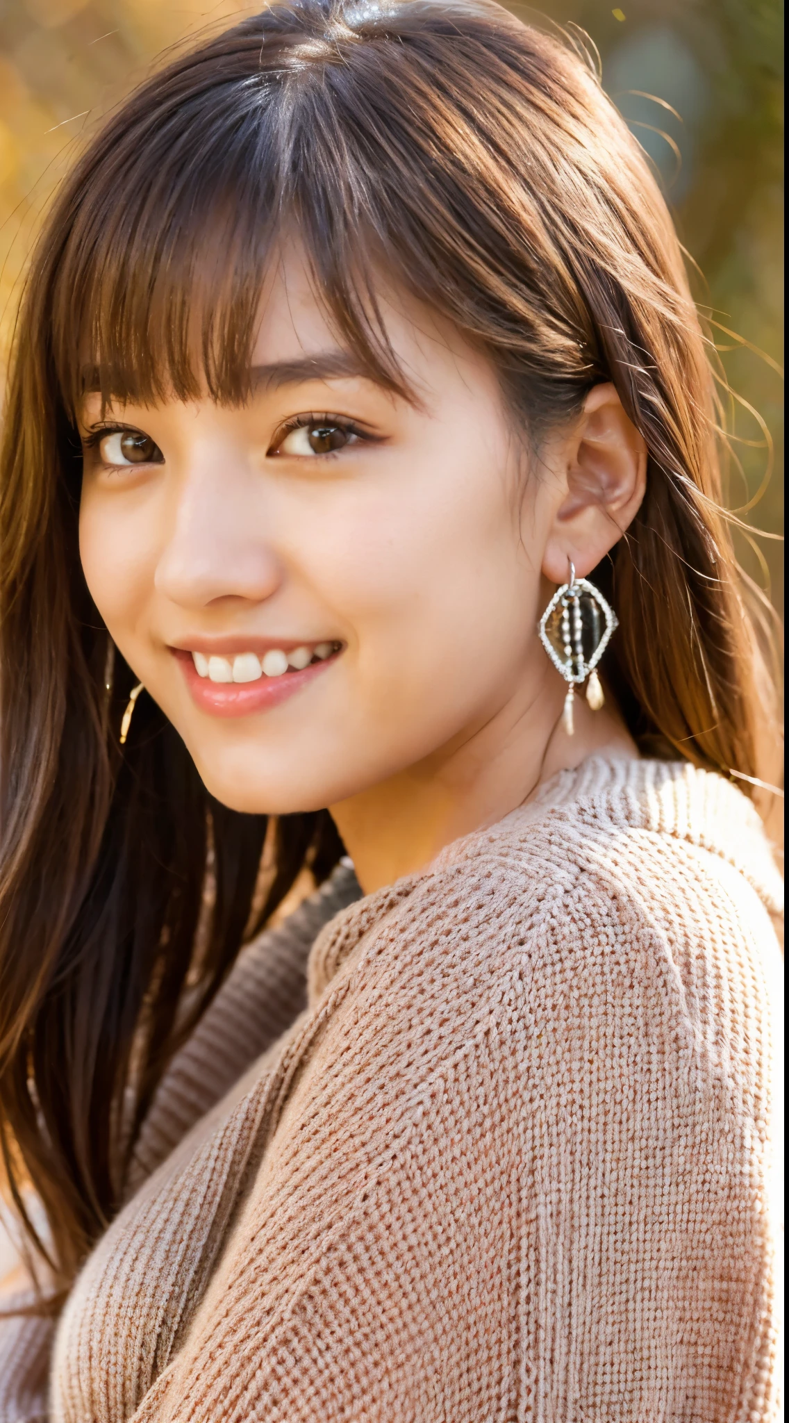 1 girl, Very bright backlight, alone, {beautiful and delicate eyes},fall day, big bust, calm expression, Natural light and soft light, Silver hair blowing in the wind, delicate facial features, blunt bangs, beautiful japanese girl, Eye laugh, Very small earrings, 29yo, ((model pose)), Glamour body type,(colorful hair, Half Red, half brown hair:1.2), fluffy grains, Real Hands, masterpiece, best quality, realistic, very detailed, in detail, high resolution,brown messy hair, Complete dynamic configuration, beautiful and delicate eyes, asian girl,((I feel anxious and embarrassed.)),sharp focus, beauty mix, movie girl,laugh,(Wearing an oversized sexy knit sweater,during:1.3),cowboy_launch