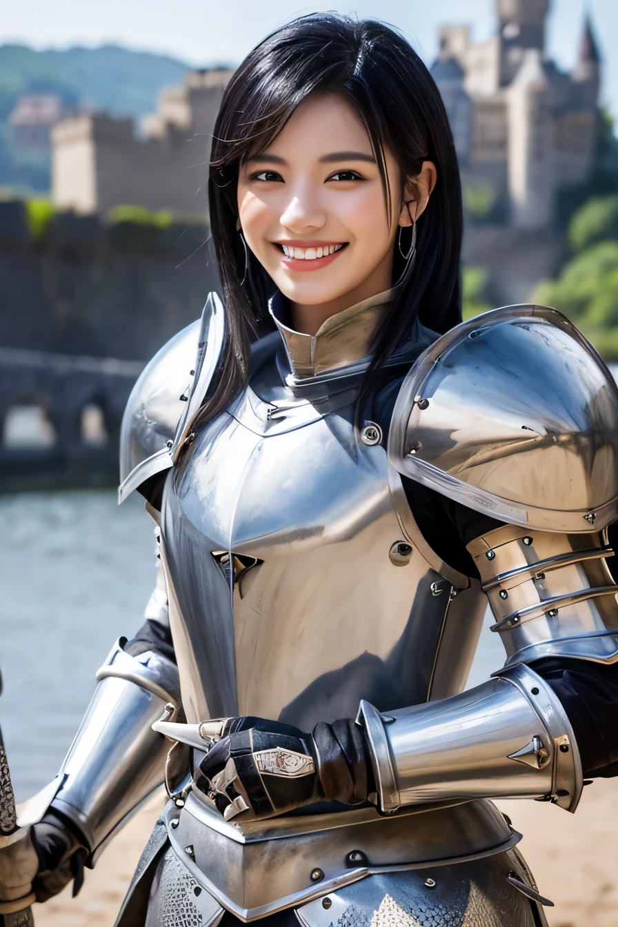 8K、highest quality、female knight、The background is a castle、Luxurious Silver Armor、heavy equipment、black hair、hairstyle shortcut、smile、beautiful teeth、full body photo、ear piercing