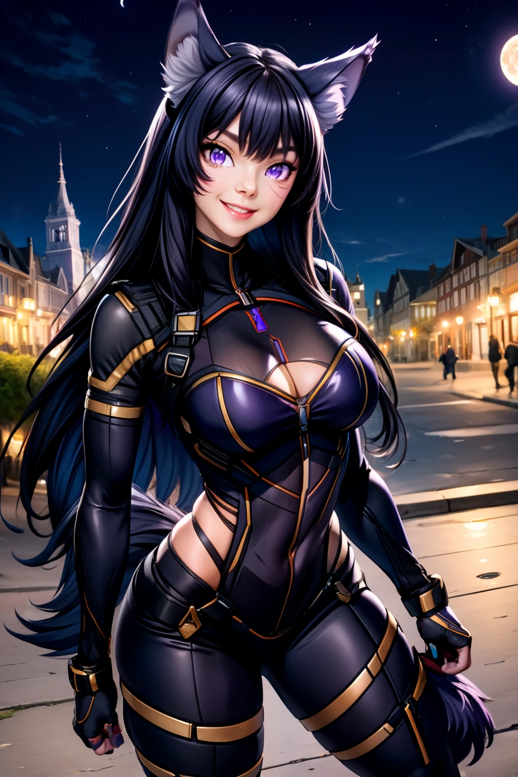 best quality, masterprice, 1girl, (solo:1.1), raytracing, ultra detailed,detailed face, 8k wallpaper, large breasts, smile, wide hips, outdoor,night time,old town,moon, standing, outdoor,  DeltaNDV, long hair, animal ears, purple eyes, bangs, wolf ears, looking at viewer, wolf tail, bodysuit, tight clothes, stomach, from front