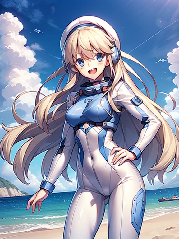 1 girl, alone, chest, looking at the viewer, blush, smile, long hair, bangs, large chest, blonde long hair, long sleeve, blue eyes, headphone,beret,:d, body suit, b space, white body suit, blue sky,Ocean,summer,Wind:1.3,, space suit break 