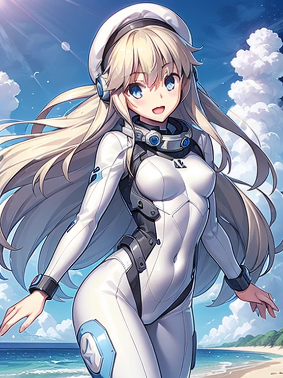 1 girl, alone, chest, looking at the viewer, blush, smile, long hair, bangs, large chest, blonde long hair, long sleeve, blue eyes, headphone,beret,:d, body suit, b space, white body suit, blue sky,Ocean,summer,Wind:1.3,, space suit break