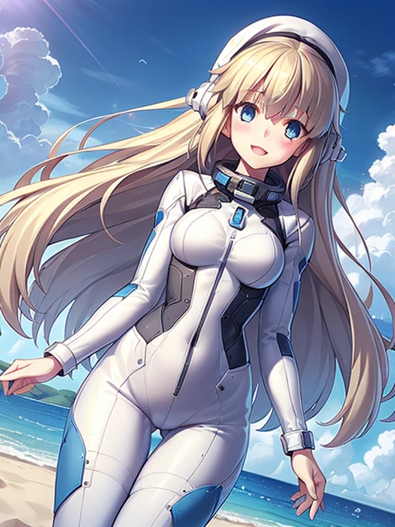 1 girl, alone, chest, looking at the viewer, blush, smile, long hair, bangs, large chest, blonde long hair, long sleeve, blue eyes, headphone,beret,:d, body suit, b space, white body suit, blue sky,Ocean,summer,Wind:1.3,, space suit break 