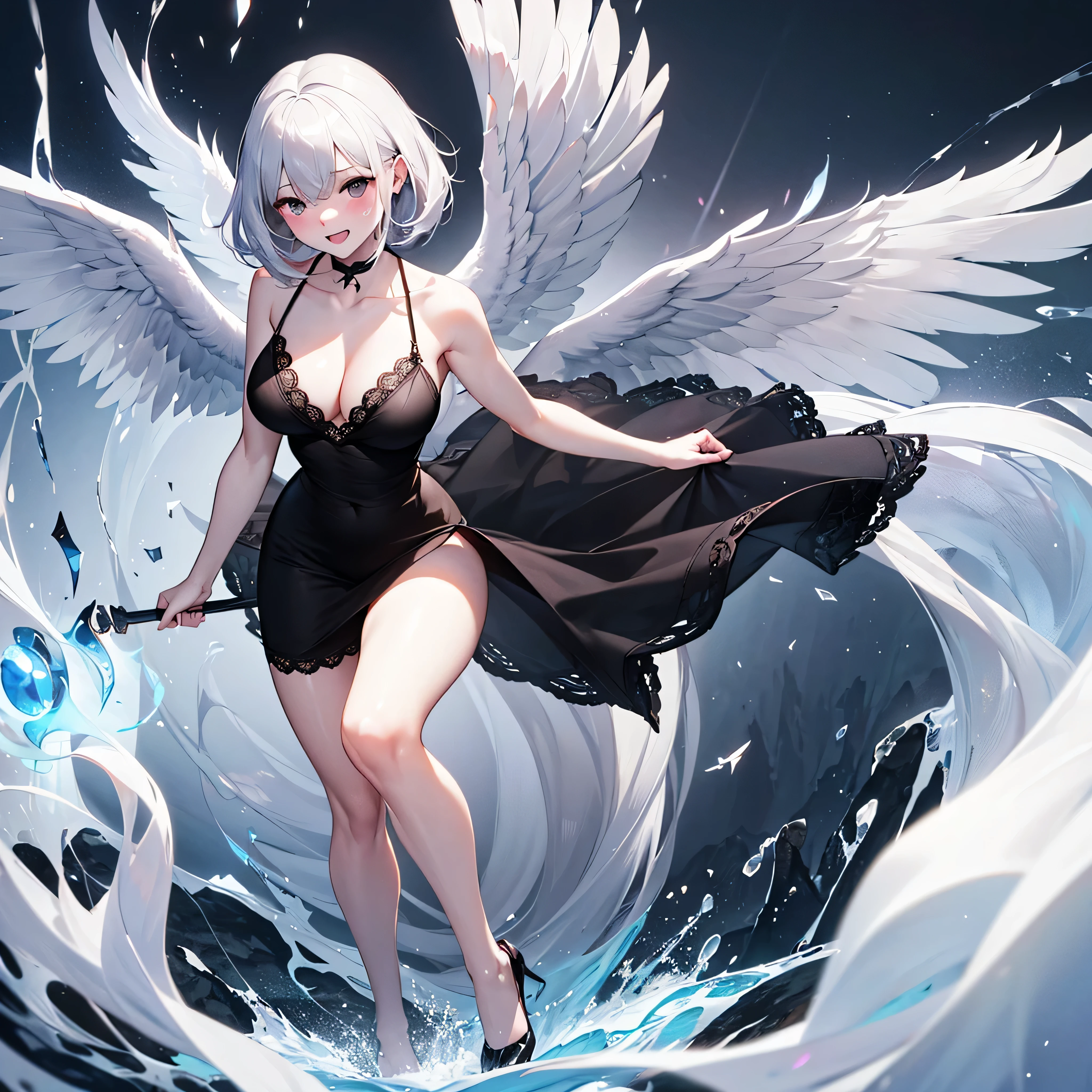 (1 seraphim girl standing on peak of frozen snowy mountain) higher than overcast, blowing frozen wind, (solo), swinging back, multiple wings, (she has 12 wings on her back), (6 white wings:1.5) and (6 black wings:1.5), BREAK, (wearing nothing without a lace trimmed sheer short black chemise:1.4), (plunging neckline), too short black skirt flapping by wind, stiletto heels, BREAK, (black short hair:1.3), sidelocks, black eyes, (bouncing large breasts), cleavage, inconceivably narrow waist, bared skinny arms, bared skinny long legs, thigh gap, tiptoe, BREAK, childish face, nose blush, smile for viewer, open mouth, orgasm, BREAK, full body, (extremely detailed CG unity 8k wallpaper), (beautiful detailed), (ultra high resolution), (masterpiece:1.2), (best quality), (beautiful illustration)