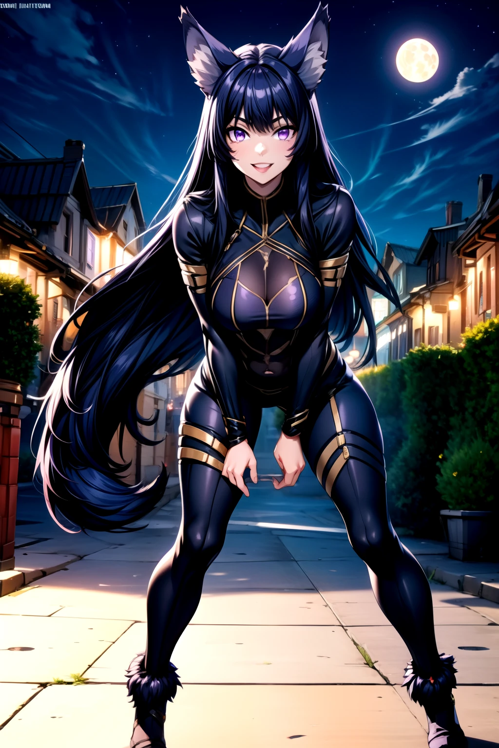 best quality, masterprice, 1girl, (solo:1.1), raytracing, ultra detailed,detailed face, 8k wallpaper, large breasts, smile, wide hips, outdoor,night time,old town,moon, standing, outdoor, DeltaNDV, long hair, animal ears, purple eyes, bangs, wolf ears, looking at viewer, wolf tail, bodysuit, tight clothes, stomach, from front