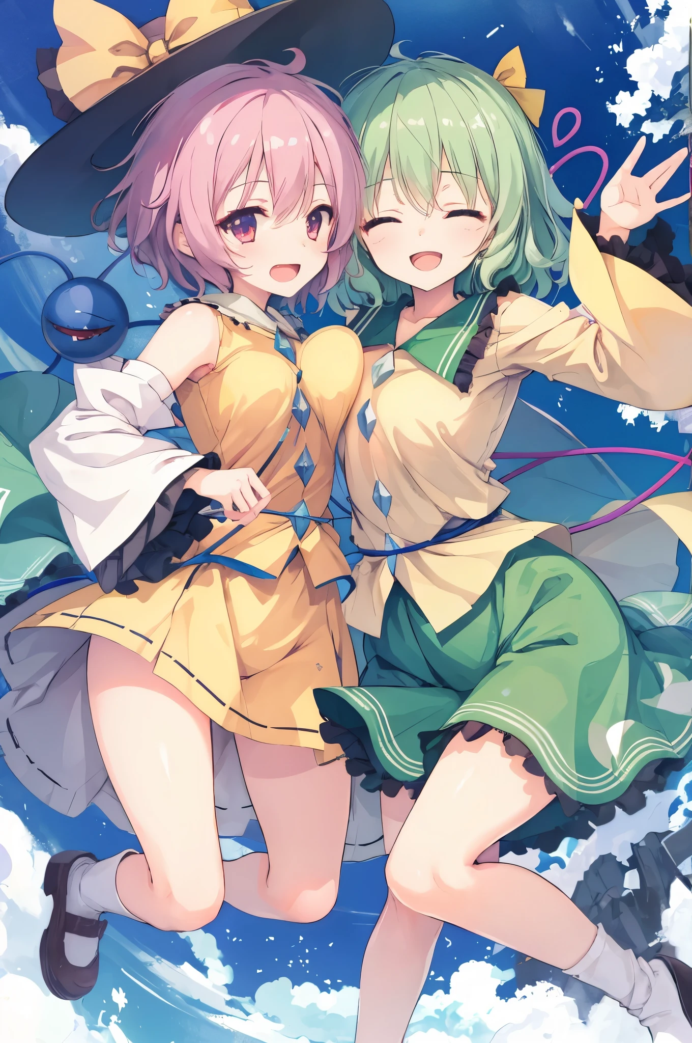 two girls,Komeiji Koishi,Satori Komeiji,Touhou Project,hug,Smile with open mouth,,Curvaceous,one girls,Top image quality,Masterpiece