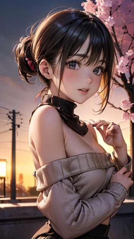 (masterpiece:1.2, highest quality), (realistic, photorealistic:1.4), beautiful illustrations, (natural side lighting, movie lighting),
look away, (face focus, Upper body, from below), 1 girl, Japanese, high school girl, 14 years old, perfect face, perfect body, Cute symmetrical face, shiny skin, baby face, small,
(short hair:1.5, (low ponytail):1.6, long sideburns, light brown hair), asymmetrical bangs, dark blue eyes, Big eyes, droopy eyes, seductive thighs, big ass),
beautiful hair, beautiful face, fine and beautiful eyes, beautiful clavicle, beautiful body, beautiful breasts, beautiful thighs, beautiful feet, ah、beautiful fingers,
(((off-shoulder light brown sweater), Sleeveless Black Turtleneck Sweater, brown tight mini skirt, emerald green hair ribbon)),
(beautiful scenery), evening, Cherry blossoms at night, (street), Are standing, (cute smile, Upper grade, open your mouth),
