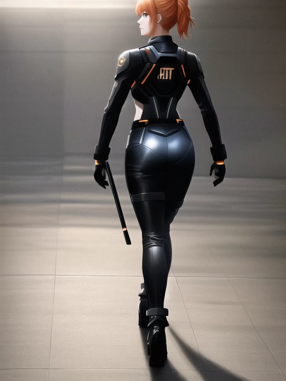 1girl, Sexy Experienced Cyberpunk Agent, short orange hair, blue eyes, (Wearing: futuristic black tight jumpsuit, utility belt, boots), light skin, natural makeup, athletic body, (looking from behind), (back shot), (ass focus),full-length, super face detail, Very detailed, 8k, game color correction, (HDR, UHD, 64k, best quality, RAW photo, best quality, masterpiece: 1.5), UHD, hd, k, hyperrealism, full-body detail, high detailed, digital painting, trending on artstation, HD quality