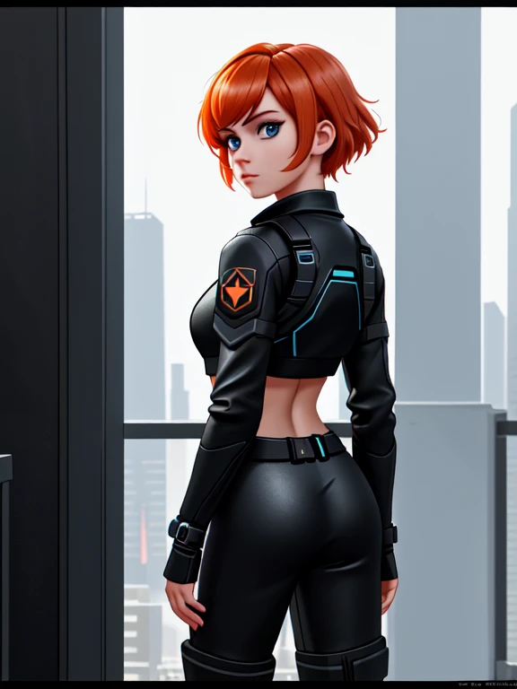 1girl, Sexy Experienced Cyberpunk Agent, short orange hair, blue eyes, (Wearing: futuristic black tight jumpsuit, utility belt, boots), light skin, natural makeup, athletic body, (looking from behind), (back shot), (ass focus),full-length, super face detail, Very detailed, 8k, game color correction, (HDR, UHD, 64k, best quality, RAW photo, best quality, masterpiece: 1.5), UHD, hd, k, hyperrealism, full-body detail, high detailed, digital painting, trending on artstation, HD quality