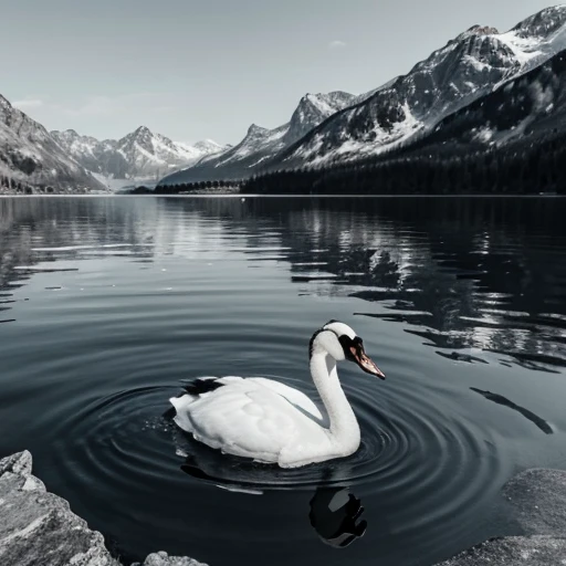 Simple handdraw black and white swan by a lake and mountains in the background 