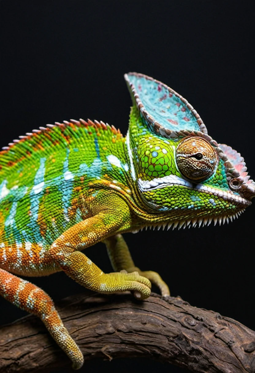 masterpiece, highquality,a chameleon, very detailed with many colors, photo seen from the side, black background, hyperrealistic