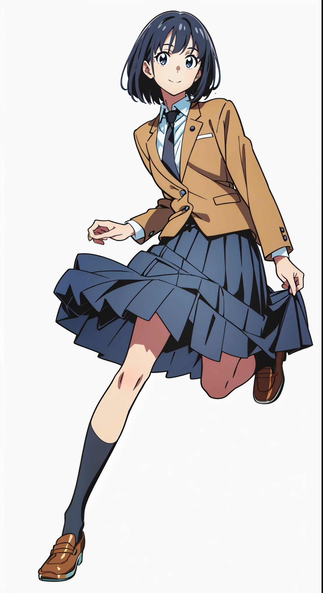 (best quality:1.0), (masterpiece:1.0), (super fine illustration:1.0), (beautiful artwork:1.0), (anime screencap:1.0), (official art:1.0), (tareme:1.5), (cheerful:1.5), (light smile:1.5), (white background:1.0), (best quality:1.0), (masterpiece:1.0), (super fine illustration:1.0), (beautiful artwork:1.0), (anime screencap:1.0), (official art:1.0), (full body:1.0), (solo:1.0), (HSGA:1.0), (a 18yo cute girl:1.0), (long skirt:1.0), (dark blue skirt:1.0), (pleated skirt:1.0), (school uniform beige blazer:1.0), (dark blue necktie:1.0), (loafers:1.0), (black socks:1.0), (ideal ratio body proportions:1.0), (lanky:1.0), (tall:0.0), (slender:1.0), (small breasts:1.0), (smaller face:0.0), (tareme:1.0), (detailed beautiful eyes:1.0), (detailed beautiful face:1.0), (glowing black eyes:1.0), (bob cut hair:1.0), (black hair:1.0), (standing:1.0), (looking at viewer:1.0)
