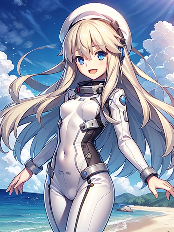 1 girl, alone, chest, looking at the viewer, blush, smile, long hair, bangs, large chest, blonde long hair, long sleeve, blue eyes, headphone,beret,:d, body suit, b space, white body suit, blue sky,Ocean,summer,Wind:1.3,, space suit break