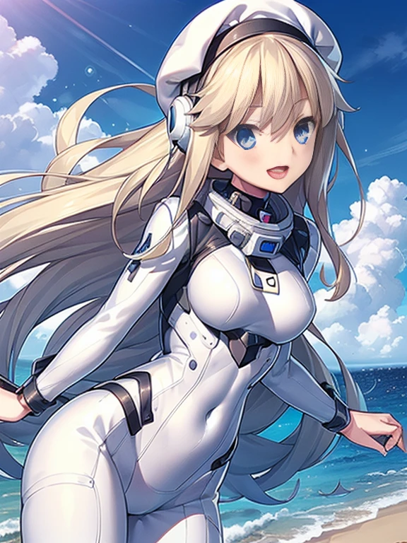 1 girl, alone, chest, looking at the viewer, blush, smile, long hair, bangs, large chest, blonde long hair, long sleeve, blue eyes, headphone,beret,:d, body suit, b space, white body suit, blue sky,Ocean,summer,Wind:1.3,, space suit break