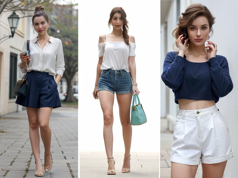 (((Best Quality))) , ((full body)), 4 lady, multiple views, white background, variety of hairstyles, variety of fashion styles, seductive pose, fashionable and trendy atmosphere, holding bag, spring clothes, walk pose, holding smart phone, looking outside, dark blue/dark orange/dark green/dark violet/brown/white,