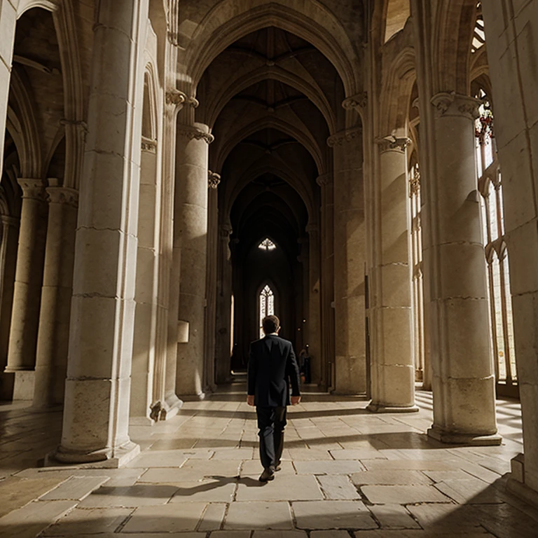 Leo walking through the abbey, observing the architectural details.