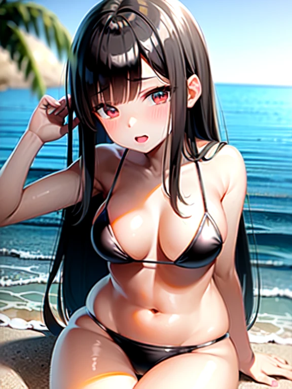 masterpiece , best quality , ultra detailed , beautiful Japan tiny bikini girl , breast:1 , only bikini , summer , long black hair , in beach , pov