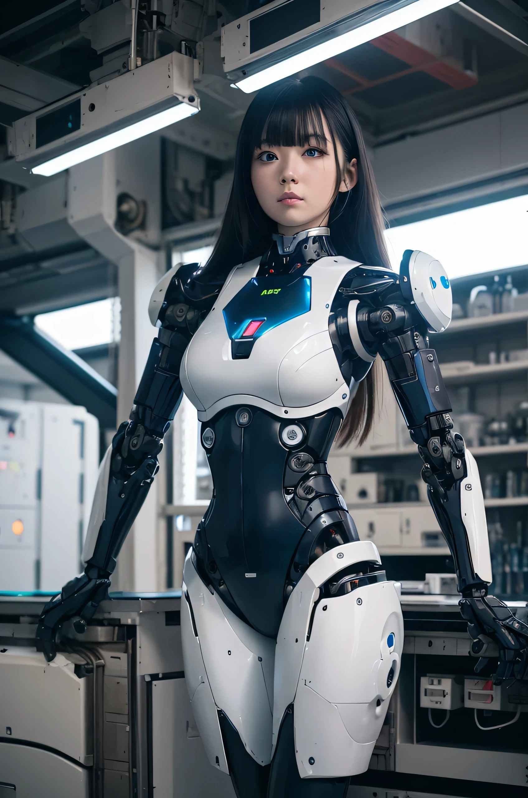 masterpiece, Best Quality, Extremely detailed, 8K Portrait,Japanese android girl,Plump ,control panels,android,Droid,Mechanical Hand, ,Robot arms and legs, Black hair,Mechanical body,Blunt bangs,White Robotics Parts,perfect robot woman,Charging spot,She is charging now,ceramic body ,Mechanical body, mechanical ear covers,android,robot humanoid,pantiy,Perfect machine body,White robot body,The laboratory of the future,android factory,mechanical ear covers,White and light blue uniform,light blue accent costume,darkblack tights,blue eyes