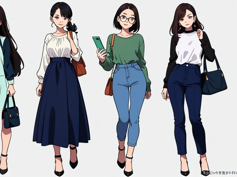 (((Best Quality))) , ((full body)), 4 lady, multiple views, white background, variety of hairstyles, variety of fashion styles, seductive pose, fashionable and trendy atmosphere, holding bag, spring clothes, walk pose, holding smart phone, looking outside, dark blue/dark orange/dark green/dark violet/brown/white,
