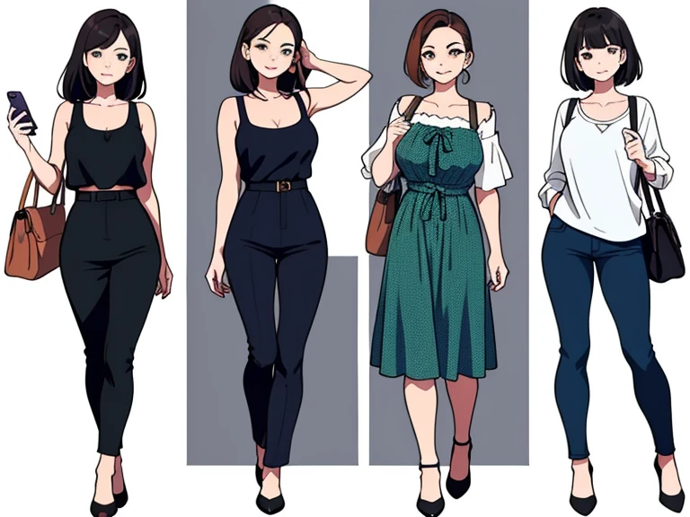 (((Best Quality))) , ((full body)), 4 lady, multiple views, white background, variety of hairstyles, variety of fashion styles, seductive pose, fashionable and trendy atmosphere, holding bag, spring clothes, walk pose, holding smart phone, looking outside, dark blue/dark orange/dark green/dark violet/brown/white,