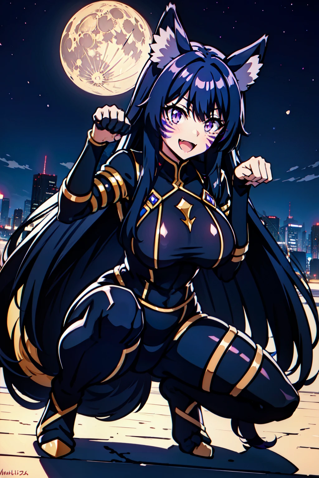 delta, facial mark, purple eyes, large breasts, black long hair, tail, tail ornament, black body suit, squatting, paw pose, looking at viewer, blush,oldtown,night time ,moon, :d, fang