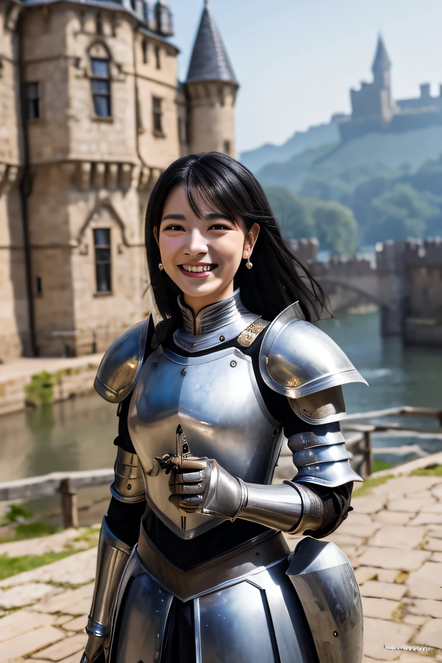 8K、highest quality、female knight、The background is a castle、Luxurious Silver Armor、heavy equipment、black hair、hairstyle shortcut、smile、beautiful teeth、full body photo、ear piercing