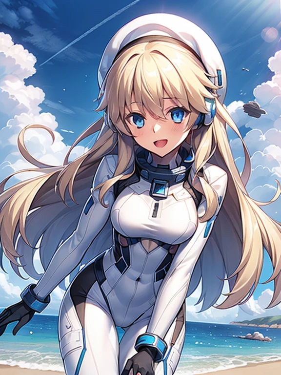 1 girl, alone, chest, looking at the viewer, blush, smile, long hair, bangs, large chest, blonde long hair, long sleeve, blue eyes, headphone,beret,:d, body suit, b space, white body suit, blue sky,Ocean,summer,Wind:1.3,, space suit break