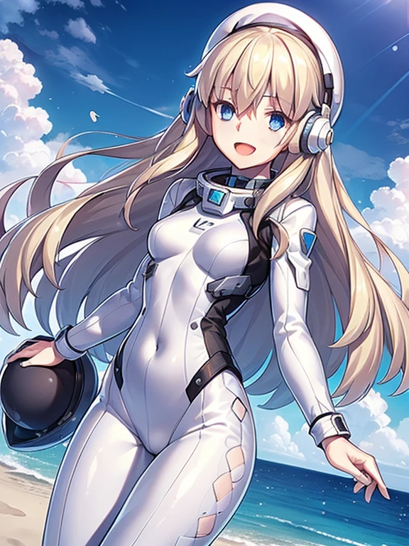 1 girl, alone, chest, looking at the viewer, blush, smile, long hair, bangs, large chest, blonde long hair, long sleeve, blue eyes, headphone,beret,:d, body suit, b space, white body suit, blue sky,Ocean,summer,Wind:1.3,, space suit break