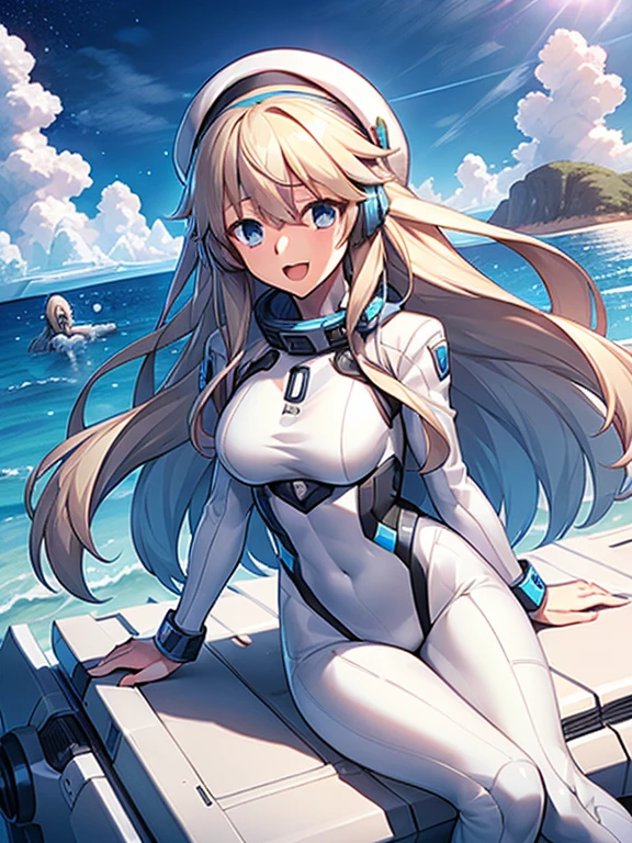 1 girl, alone, chest, looking at the viewer, blush, smile, long hair, bangs, large chest, blonde long hair, long sleeve, blue eyes, headphone,beret,:d, body suit, b space, white body suit, blue sky,Ocean,summer,Wind:1.3,, space suit break