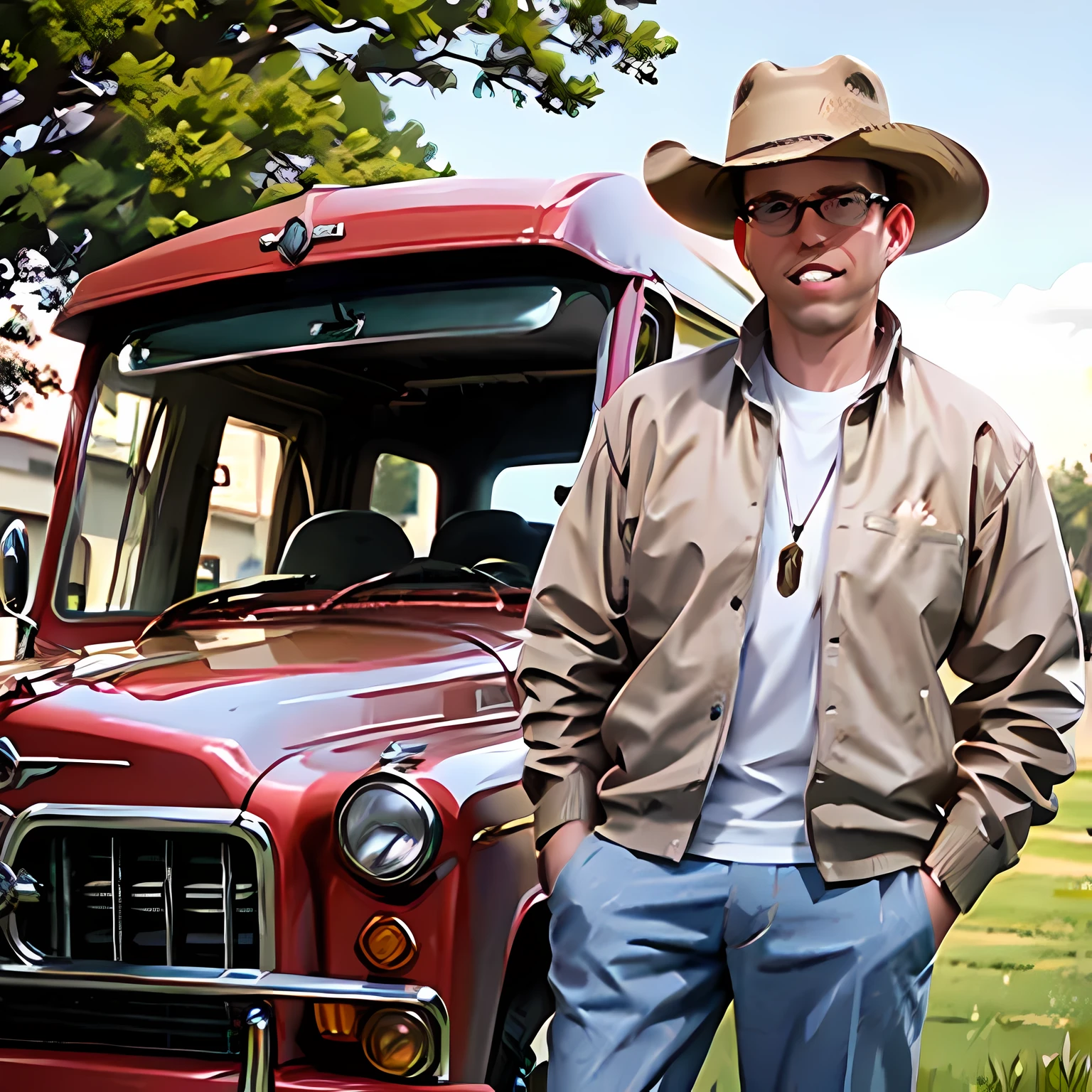 coopie 1man, a country music singer wearing a brown cowboy hat, light blue button down shirt, blue jeans, and cowboy boots, standing in front of an old pick up truck full of hay, raised eyebrow, clenched teeth, Surrealism, high detail, depth of field, sparkle, god rays, backlighting, cinematic lighting, multiple views, cowboy shot, caustics, bokeh, UHD, masterpiece, accurate, super detail, best quality, 8k