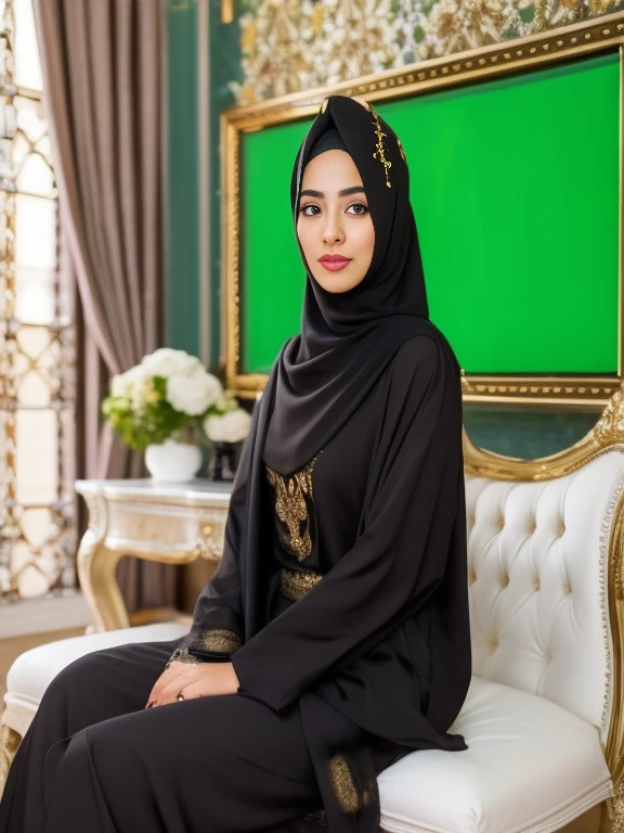 a woman in a black hijab sitting on a white couch, arab ameera al taweel, medium shot portrait, arab ameera al-taweel, african ameera al taweel, ameera al taweel, portrait shot, woman in black robes, tanned ameera al taweel, beautiful arab woman, wearing black clothes and cape