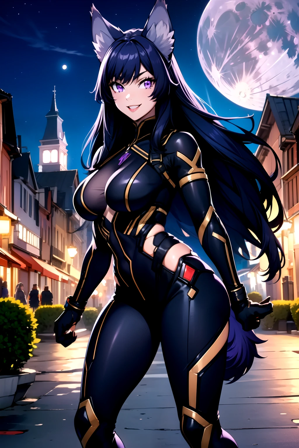 best quality, masterprice, 1girl, (solo:1.1), raytracing, ultra detailed,detailed face, 8k wallpaper, large breasts, smile, wide hips, outdoor,night time,old town,moon, standing, outdoor,  DeltaNDV, long hair, animal ears, purple eyes, bangs, wolf ears, looking at viewer, wolf tail, bodysuit, tight clothes, stomach, from front