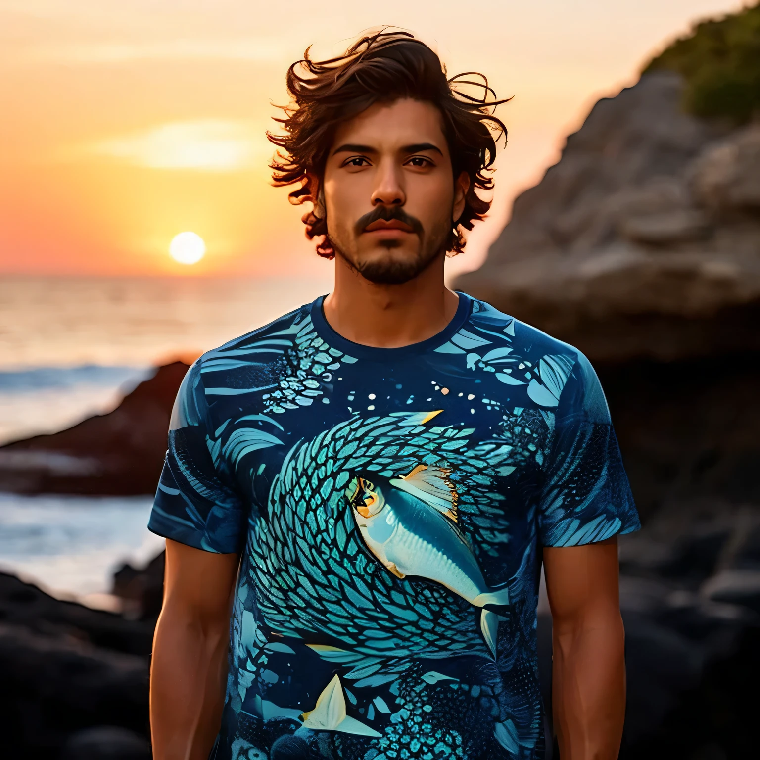 Arafed man with long hair and beard standing on a beach, Diego Koi, graphic t-shirts, Apenas Bartel, no oceano, rei do mar, incredible depth, por Galen Dara, breathtaking look, by Roberto Parada, by Inacio Zuloaga, por Kerembeyit, mar detalhado, Poseidon, retrato no meio da cena