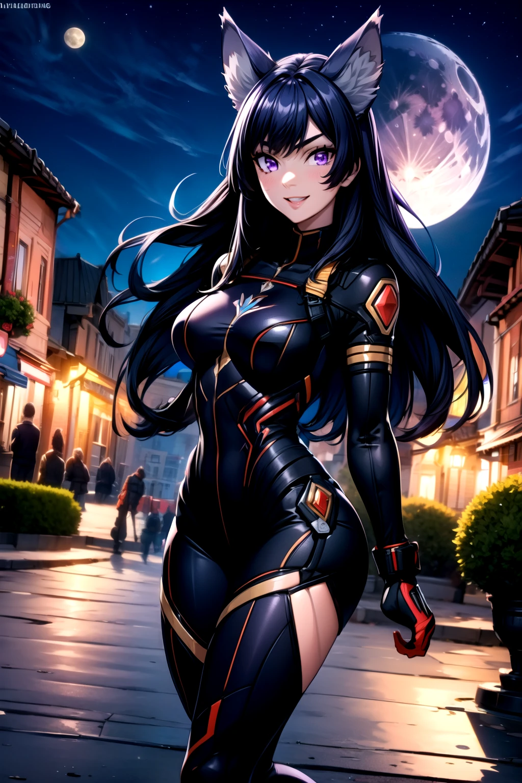 best quality, masterprice, 1girl, (solo:1.1), raytracing, ultra detailed,detailed face, 8k wallpaper, smile, wide hips, outdoor,night time,old town,moon, standing, outdoor,  DeltaNDV, long hair, animal ears, purple eyes, bangs, wolf ears, looking at viewer, wolf tail, bodysuit, tight clothes,  from front