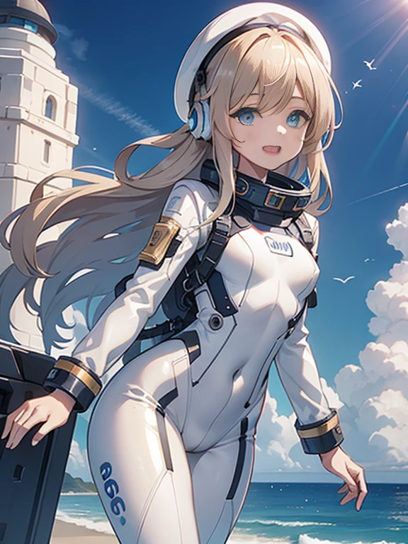 1 girl, alone, chest, looking at the viewer, blush, smile, long hair, bangs, large chest, blonde long hair, long sleeve, blue eyes, headphone,beret,:d, body suit, b space, white body suit, blue sky,Ocean,summer,Wind:1.3,, space suit break