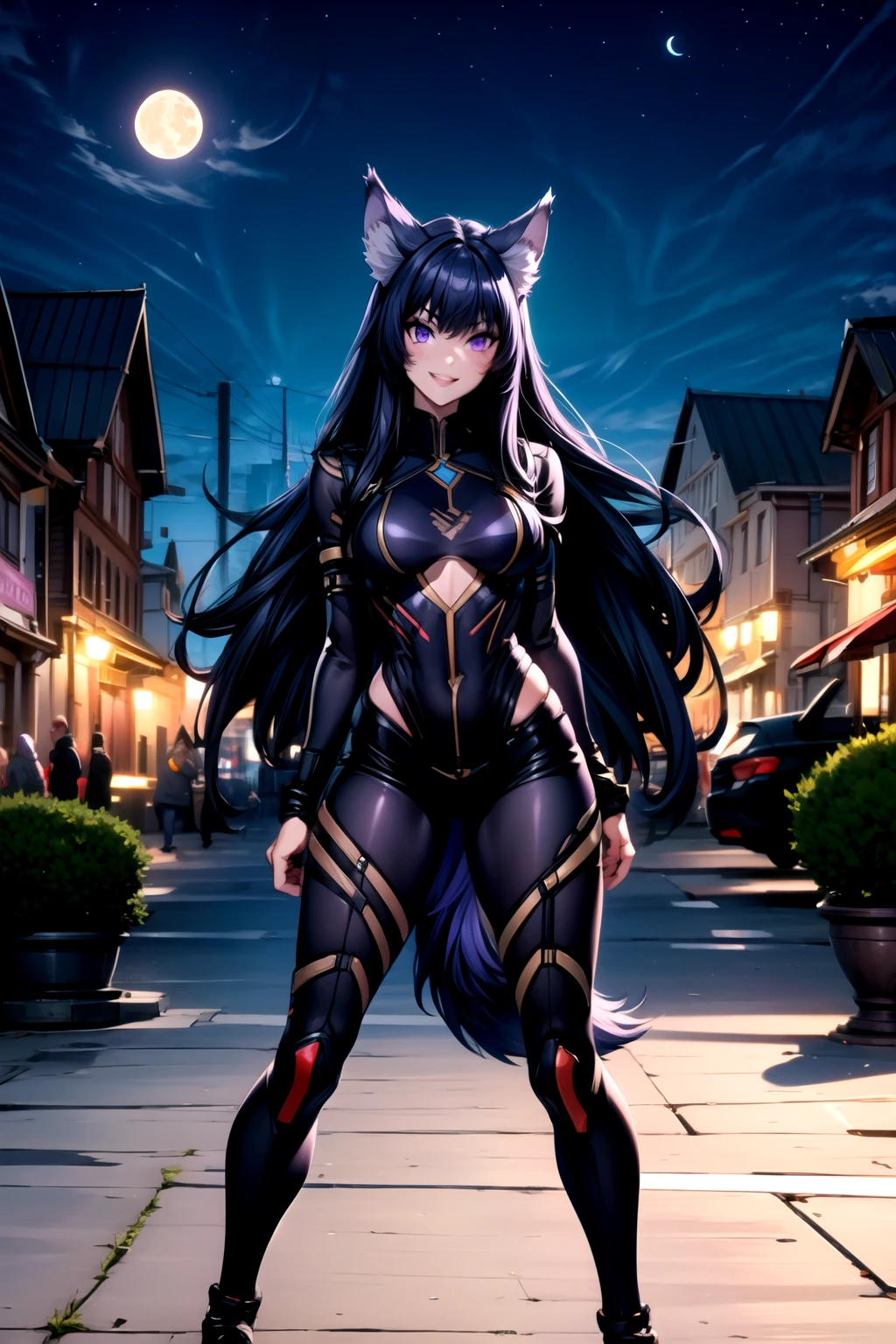 best quality, masterprice, 1girl, (solo:1.1), raytracing, ultra detailed,detailed face, 8k wallpaper, smile, wide hips, outdoor,night time,old town,moon, standing, outdoor,  DeltaNDV, long hair, animal ears, purple eyes, bangs, wolf ears, looking at viewer, wolf tail, bodysuit, tight clothes,  from front