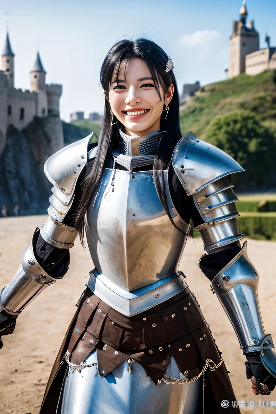 8K、highest quality、female knight、The background is a castle、Luxurious Silver Armor、heavy equipment、black hair、hairstyle shortcut、smile、beautiful teeth、full body photo、ear piercing