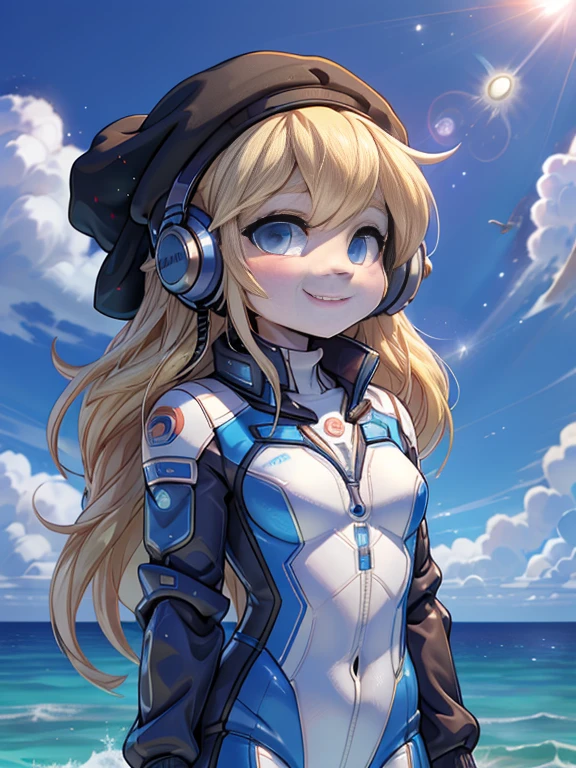 1 girl, alone, chest, looking at the viewer, blush, smile, long hair, bangs, large chest, blonde long hair, long sleeve, blue eyes, headphone,beret,:d, body suit, b space, white body suit, blue sky,Ocean,summer,Wind:1.3,, space suit break