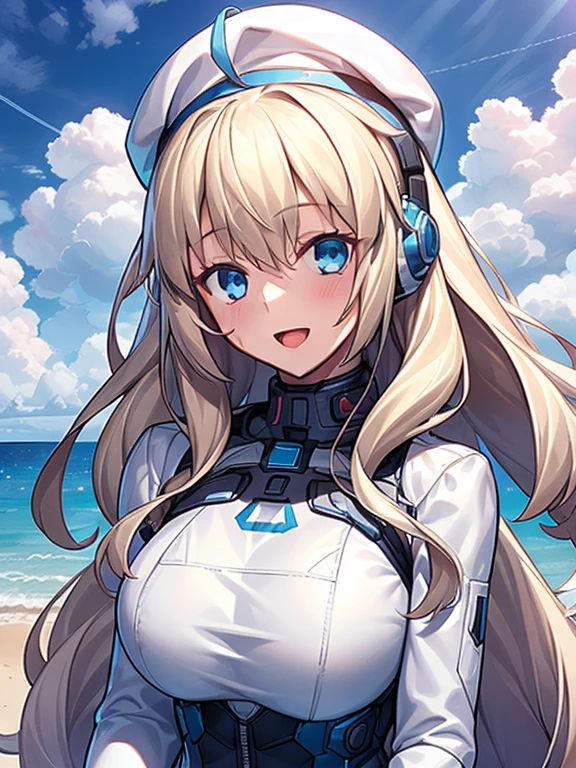 1 girl, alone, chest, looking at the viewer, blush, smile, long hair, bangs, large chest, blonde long hair, long sleeve, blue eyes, headphone,beret,:d, body suit, b space, white body suit, blue sky,Ocean,summer,Wind:1.3,, space suit break