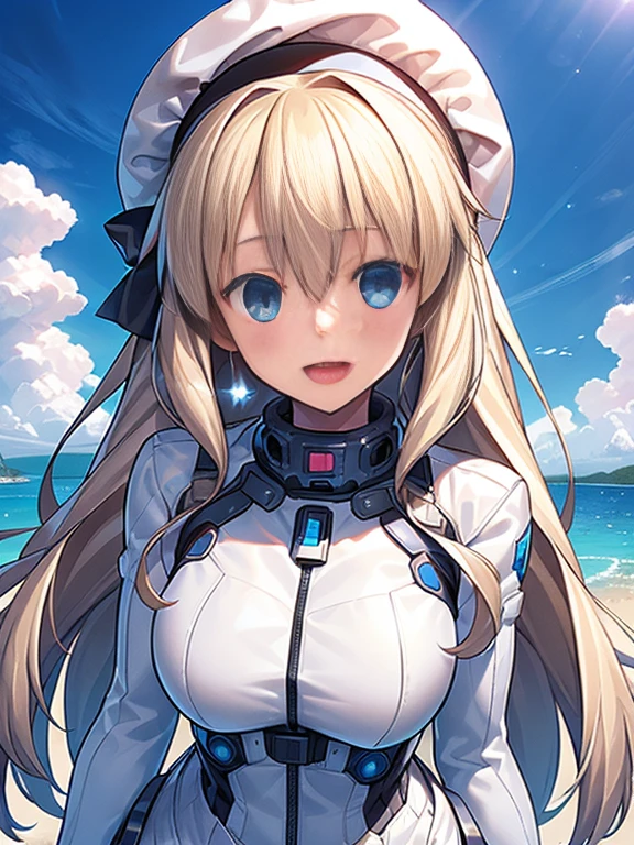 1 girl, alone, chest, looking at the viewer, blush, smile, long hair, bangs, large chest, blonde long hair, long sleeve, blue eyes, headphone,beret,:d, body suit, b space, white body suit, blue sky,Ocean,summer,Wind:1.3,, space suit break